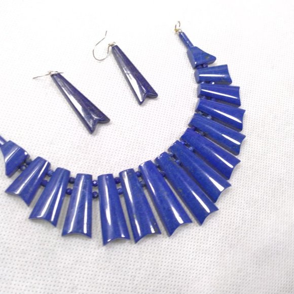 Lapis Lazuli Vintage Choker Necklace With Earrings, Stone Jewelry Set, Vintage - Picture 8 of 14
